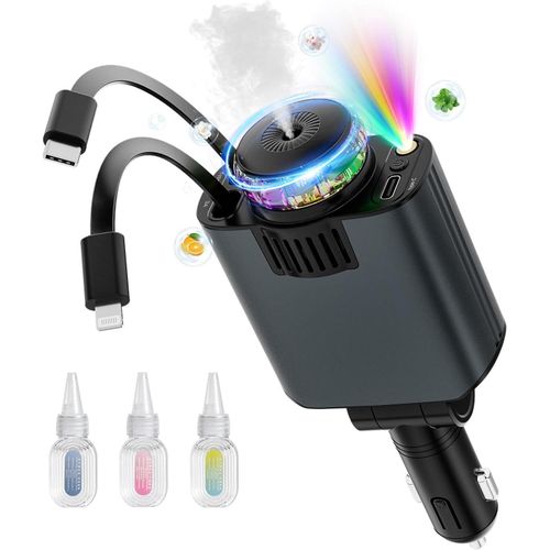 Starlight Retractable Car Charger with Aromatherapy Diffuser and Starlight, 5 in 1 USB C Car Charger Fast Charging Compatible with iPhone Android Phones