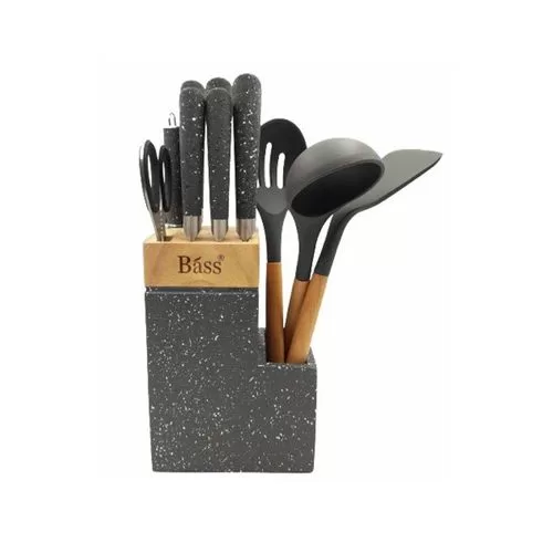 Bass 11 Piece Stainless Steel Modern Knife Set On Bamboo Block Stand And Non-Stick Spoons Utensil Set With cleaver Scissors Bread Knife Steak Knife Sharpener- Multicolor