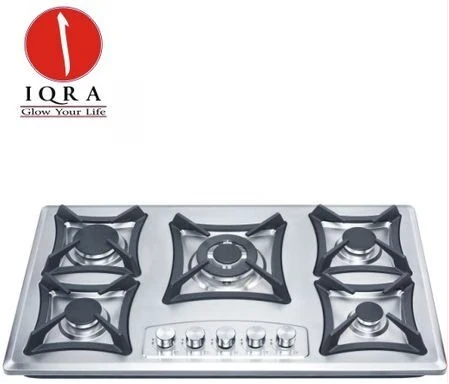 IQRA Built-in Gas Hob IQ-KH5207SS, 90x60cm, 5 Multipool Gas Burners, Auto Ignition, Flame Failure Device, Cast Iron Pan Supports - Stainless Steel