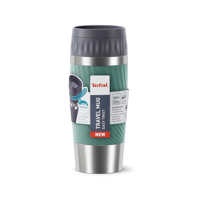 TEFAL 0.36L  Thermal Bottle Travel Mug Essential Green, Stainless Steel Essential Double Wall Insulation Keeps Hot Drinks 3 Hours Cool 6 Hours Stainless Steel Silicone Coating Travel, N2021810