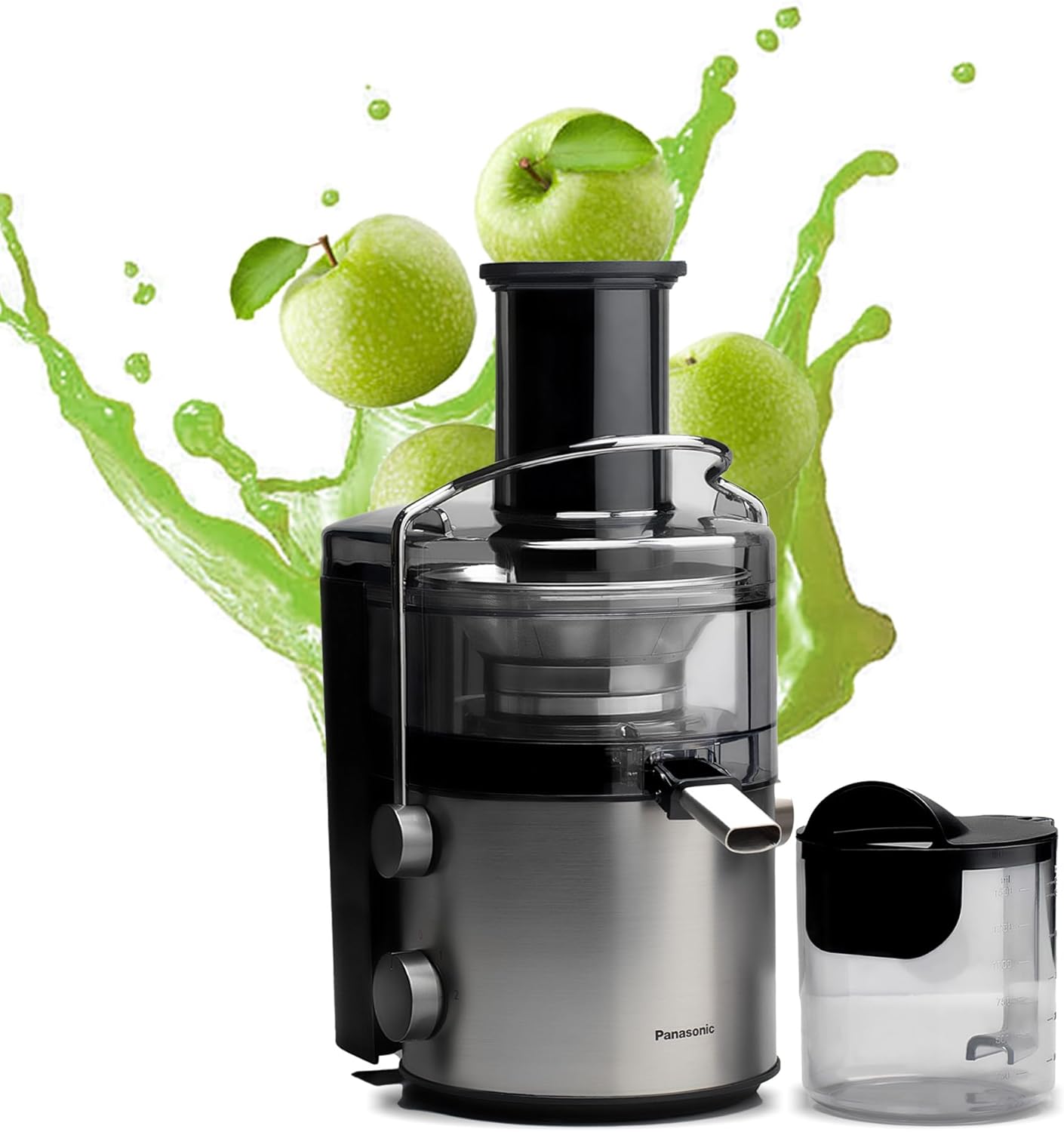Panasonic MJ-CB600 Juicer, 2.0 Liters Pulp Container Capacity, 1.5 Liters Juice Container Capacity, Two-Speed Control, Full Metal Spinner, Anti-Drip Spout, Wide Feeding Tube, Black