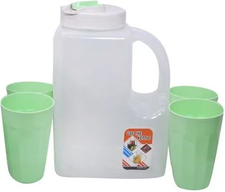 Plastic Water Fridge Bottle with 4 Glasses, 4L - Green