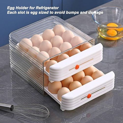 Space Saving Multifunctional 2-Layer Stackable Refrigerator Egg Tray Storage Organizer With Data Slider 32 Grids Drawer Type Egg Holder BPA Free Clear Plastic Fridge Storage Bin Clear Fresh Storage Bo