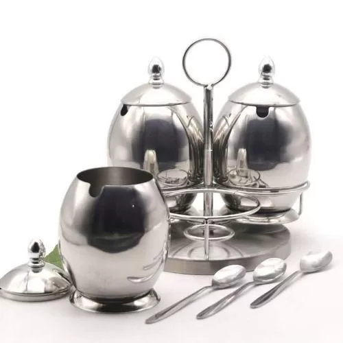 3 Piece Stainless steel Egg Spice Sugar Bowl Canister Storage Tins Containers On Round Stand With Spoons- Silver