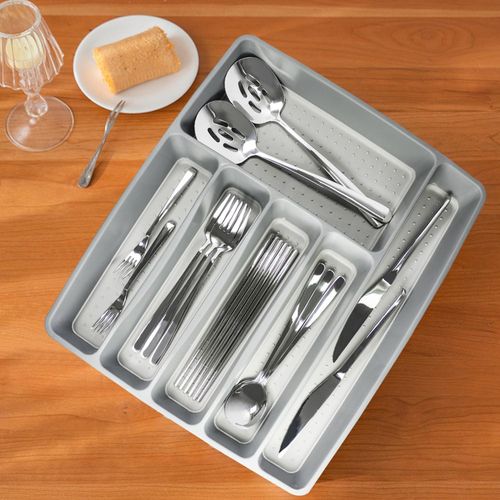 Silverware Drawer Organizer Tray, 6-Slot Large Utensil Flatware Tableware Cultery Drawer Divider, No-Slip Organizer with Non-slip TPR Linings Kitchen Organization Essentials for Kitchen, Office, Bathr