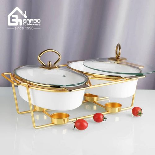 2 Set Oval Ceramics Chafing Dish Buffet Set, Food Warmer for Parties Buffets,Chafer and Buffet Warmer Set with Glass Lid for Buffet/Weddings/Parties,Green