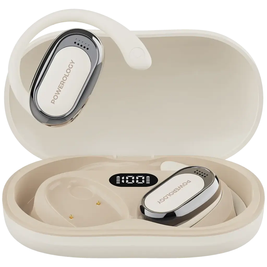 Powerology Oura Open-Ear True wireless Earbuds, Omni-Directional Microphone, Featherlight Comfort, Enhanced Situational Awareness, Ergonomic Fit, Smart Touch Controls, Truewireless Headphone- White