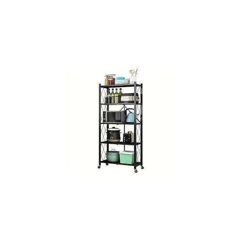 5 Shelf Foldable Storage Shelf Unit Microwave Oven Rack Organizer With Wheel Floor Multi-layer Storage Rack, Kitchen Cart,Tableware And Seasoning Holders For Kitchen Garage Laundry Bathroom Office- Mu