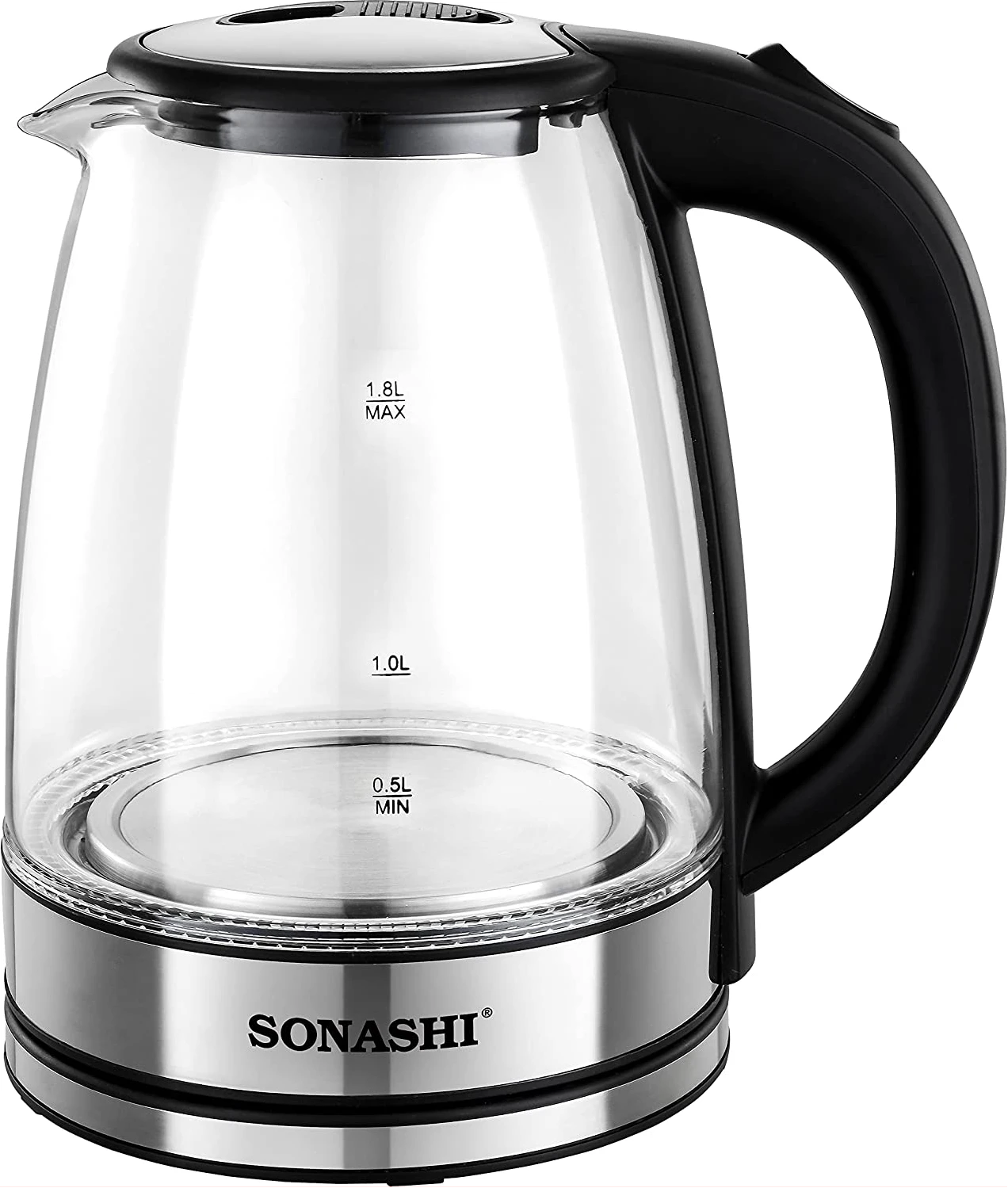 Sonashi 1.8 L Cordless Kettle SKT-1809 - Glass Kettle w/ Safety Lock Lid, 360-degree Swivel Base, Auto Shutdown, Power On/Off Indicator Light