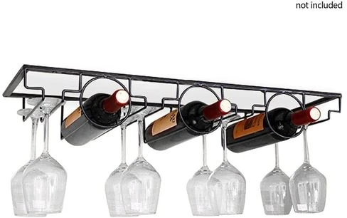 3 Bottle Wall Mounted Wine Bottle & Glass Rack, Black