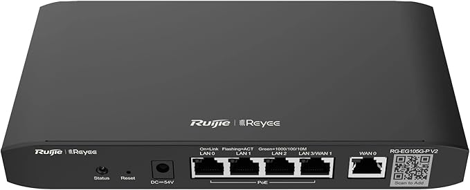 Ruijie RG-EG105G V2 5-Port Gigabit Cloud Managed Router, 802.3af/at PoE-Out On LAN1-4, 600Mbps Max Throughput, Dual Core 880MHz CPU, 100 Competitor Users