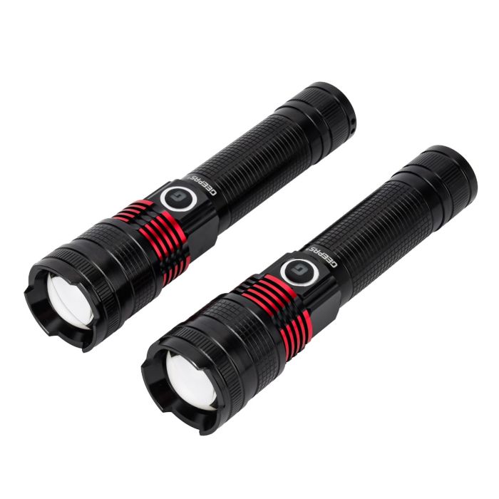Geepas Rechargeable LED Flashlight- GFL4667/ Pack of 2, 15W, Perfect for Indoor and Outdoor Use, 5 Hours Continuous Working/ with Aluminum Housing, Lithium Battery/ Black