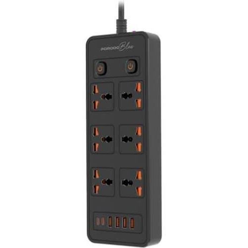 Porodo Blue Universal 6 AC Power Socket 3000W, 2 USB-C & 4 USB-A, UK Plug, Safety Shutters, Dual Power Switch Control, Compatible With TV Smartphone Laptop Tablet - Black
