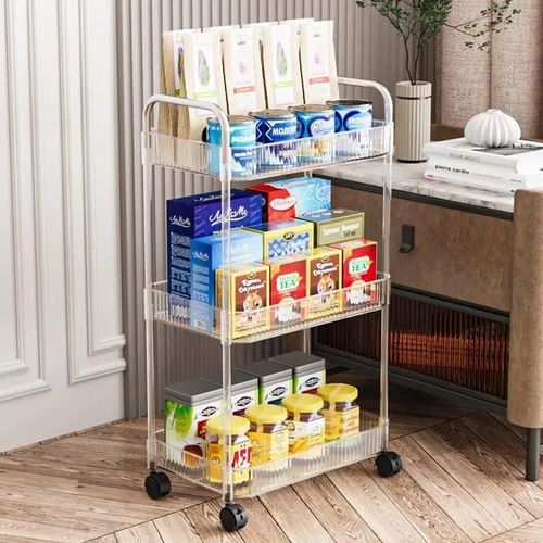 1pc Acrylic Clear 3 Tier Utility Cart, Rolling Cosmetics Laundry Organization Trolley Cart With Handle And Wheels, Multifunctional Storage Shelves Side Table For Kitchen Living Room Office
