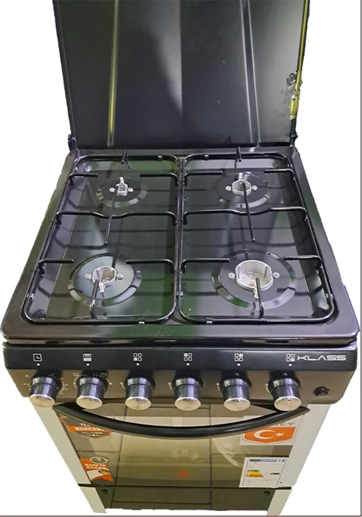 KLASS Free Standing Cooker 50x60cm, Full Gas, 4 Gas Burners, Gas Oven & Grill, Oven Lamp & Timer, 4TTE-5640BLK - Black