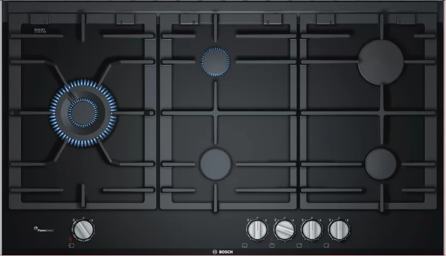 Bosch PRS9A6D70 Gas Hob, 90 CM, 5 Burners, Series 8 With Flame Select Ceramic Glass – Black