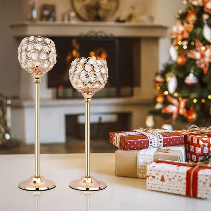 Gold Crystal Candle Holders Set of 2, Table Centerpieces for Dining Room, Hurricane Candle Holder Gold for Living Room,Wedding Party,Home Decor, 10.62+12.59'' Tall Gold Candlestick Holders Set -Gold