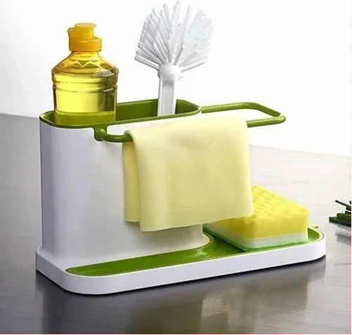 3 in1 Kitchen Sink Organizer Stand Draining Holder Towel Soap Brush Sponge Rack- Green