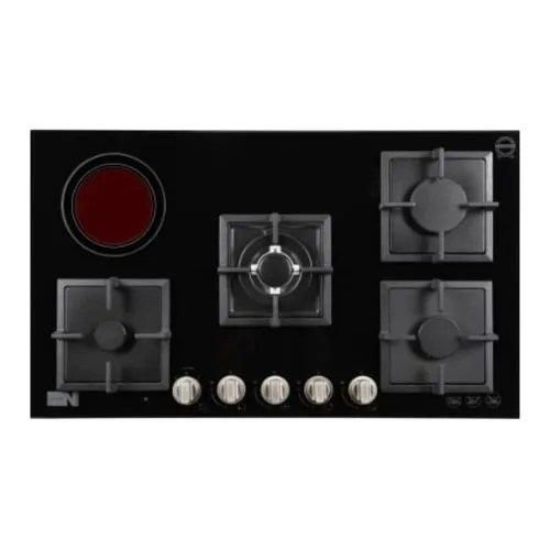 Newmatic 90cm Built-in Hob PM941VSTGB, 4 Gas Burners + 1 Electric Zone, Flame Failure Device, Cast Iron Pan Supports, Auto Ignition  -Black
