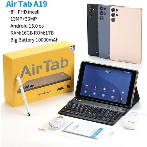 Air Tab A19 Tablet, 8-inch FHD INCELL Display, 5G 16GB RAM 1TB ROM, 10000mAh Battery, Android 15.0 OS 13MP+30MP Camera MTK6991 ARM With Key Board And Wireless Mouse