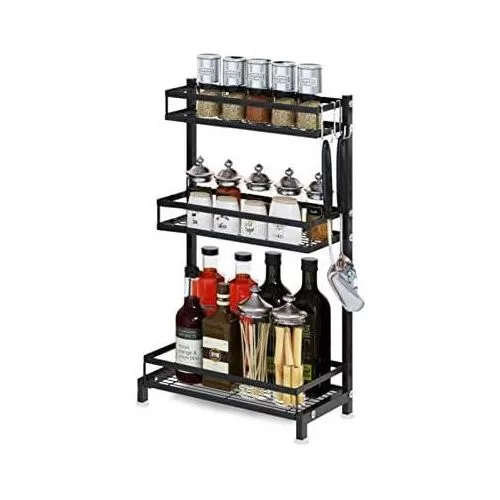 3 Layer Seasoning Spice Rack Counter Bathroom Shelf Organizer Worktop Kitchen Rack Organiser with 3 Hooks for Spice Jar Sauce Can Bottle kitchen utensils storage And Toilet Accessories- Multicolor