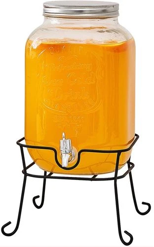 8L Glass Beverage Dispenser With Scroll Iron Stand, Stainless Steel Leak Free Spigot- Clear.