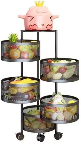 5 Tier Round Kitchen, Bedroom Storage Rack Basket Trolley Organizer-Black