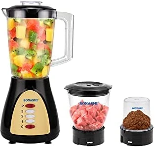 SONASHI 3 in 1 Blender Black SB-160N – 3 Speed, Pulse Control, 500W Countertop Blender Mixer Grinder with Overheating Protection, 1.5L Unbreakable Jar, Chopping Cup, Grinding Cup