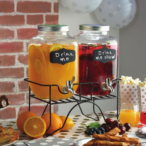 Glass Beverage Drink Twin 2 Dispensers with Stand & Spigot Retro Outdoor Wedding 1 Gallon Capacity Each Cold Drinks Lemonade Juices