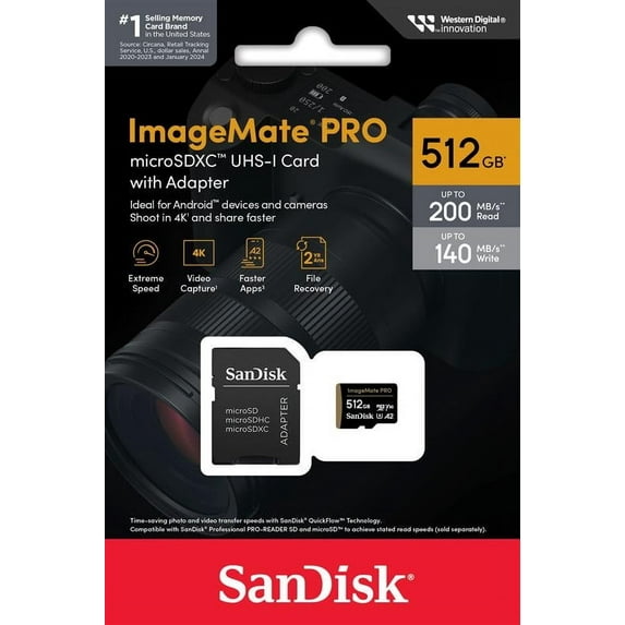 SanDisk 512GB ImageMate Pro microSDXC UHS-1 Memory Card with Adapter- Up to 200MB/s - SDSQXBD-512G-AW6KA