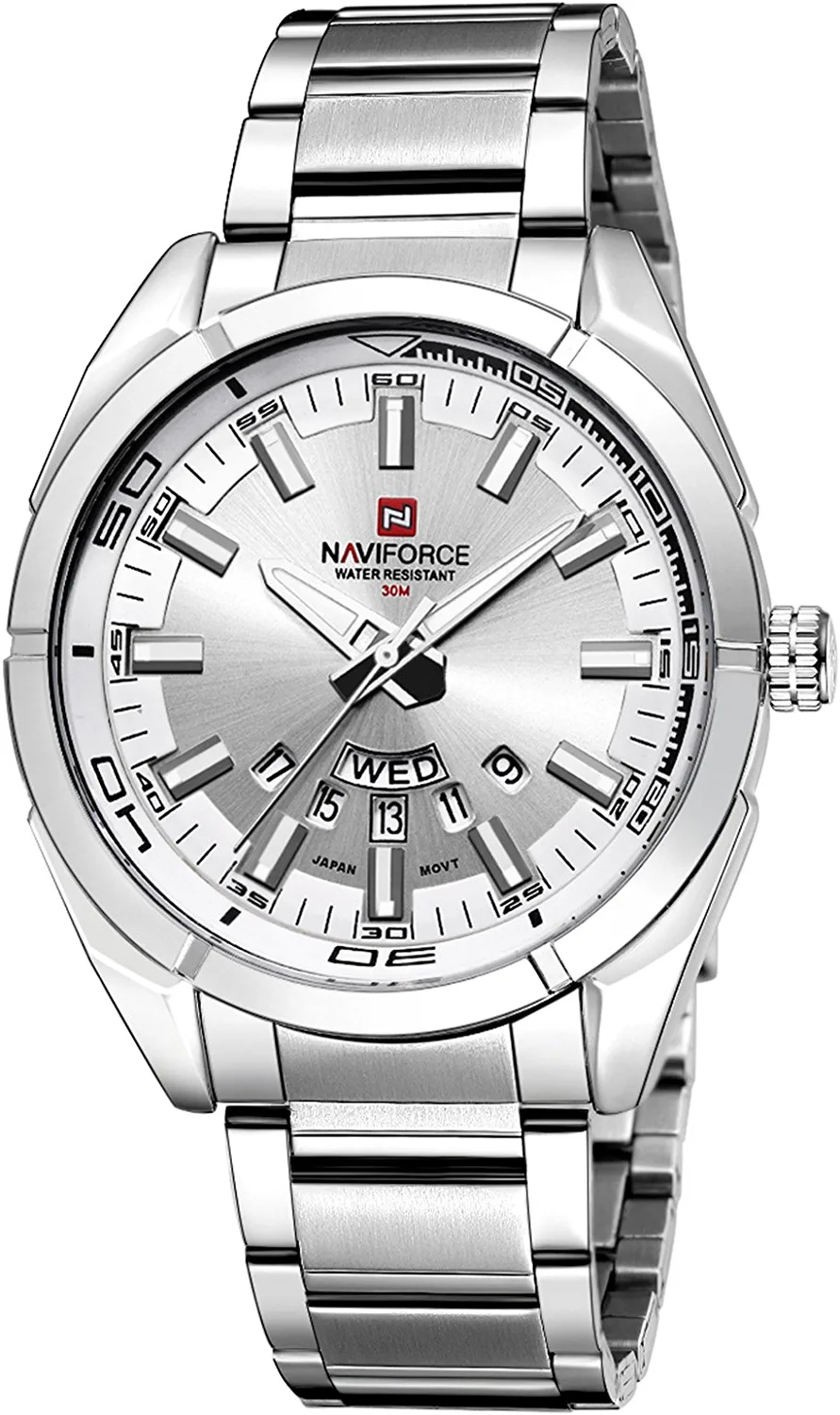 NAVIFORCE Men's Sports Watches Waterproof Military Quartz Leather Strap Date Wrist Watch - Silver