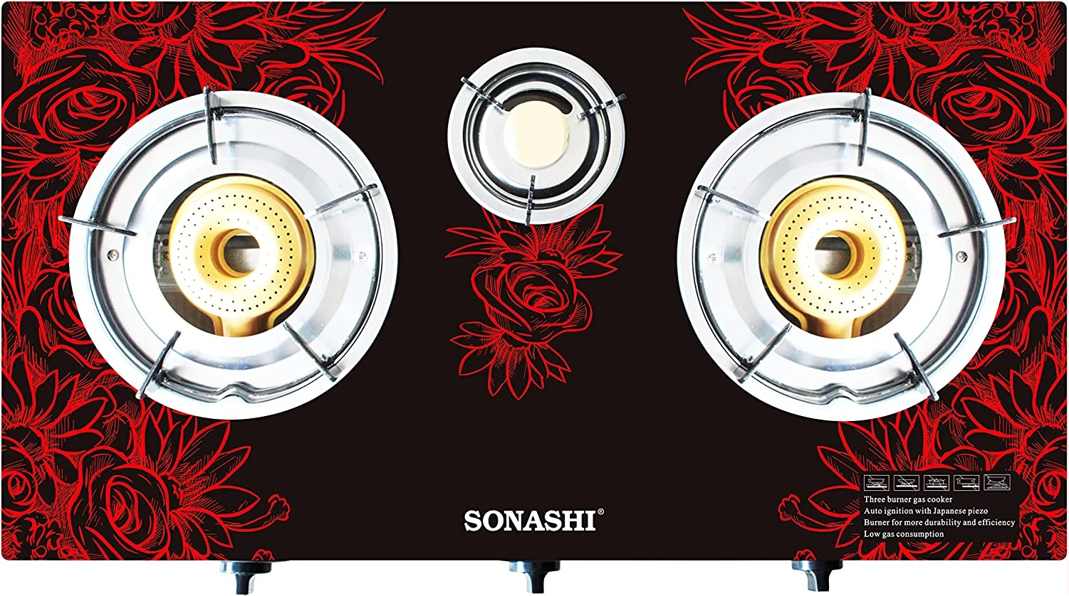 Sonashi SGB-305GN Double Gas Stove – Sonashi Triple Gas Stove w/ Glass Top Burner, LPG Burner, Direct Connector, Red and Black