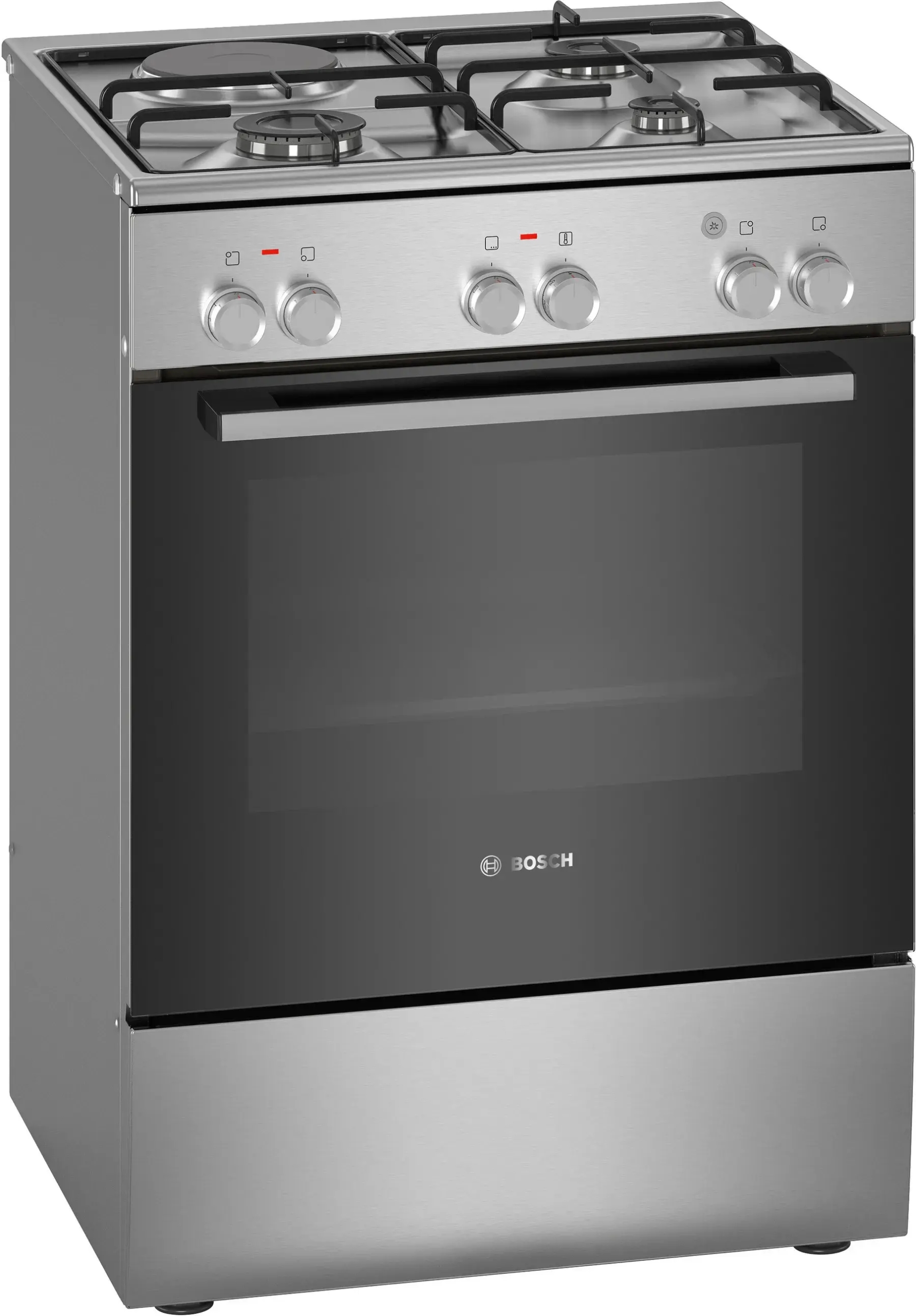 Bosch Cooker 3 Gas +1 Electric - HXA050F50S, Electric Oven & Grill, Auto Ignition, 71L Oven Capacity, Double Glass Oven Door, Flame Failure Safety Device, 2 Trays - Stainless Steel