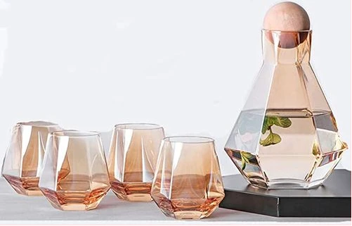 4 Water Glasses,1Jug With Wooden Stopper And A Tray, Brown