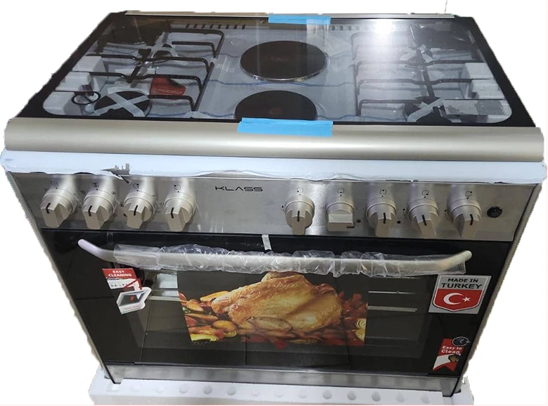 Klass 90x60 Cooker, 4 Gas Burners + 2 Electric Plates, Electric Oven & Grill, Turbo Fan, Rotisserie, Auto Ignition, Cast Iron Pan Support - Stainless Steel