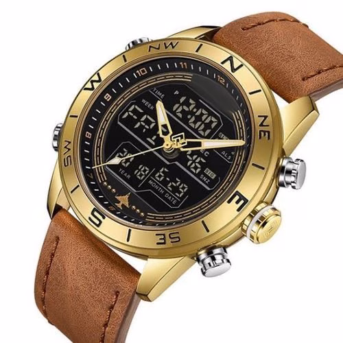 Naviforce Men's Leather Strapped Watch - Brown,Gold
