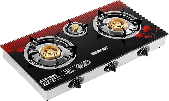 Geepas GGC31012 3-Burner Gas Cooker Size 70mm, 40mm & 90mm Respectively - Ergonomic Design, Automatic Ignition, 3 Heating Zones