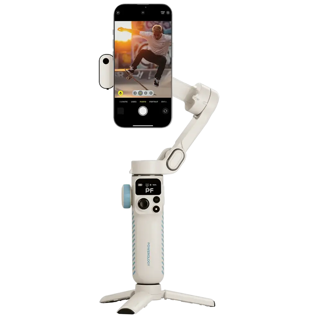Powerology MagWave 3-Axis Smartphone Stabilizer Gimbal with AI Tracking, Magnetic Mount, Smart Gesture Control, OLED Display, 6 Shooting Modes, Pro Anti-Shake, Adjustable Clamp – White