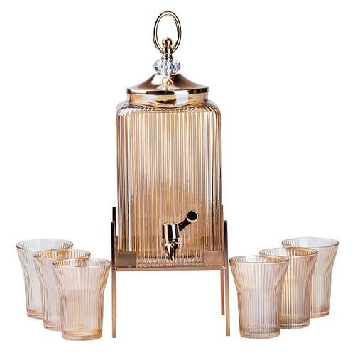 Set of 7 pieces Lemonade With Crase 3 litre 1 Juice Dispenser Jug Beverage Water Carafe Kettle Borosilicate Lid Glass Iced Tea Pot Set With 6 Drinking Glasses Cups Heat-Resistant Glass Bottle Water Pi