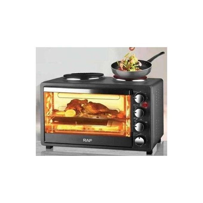 RAF 40 Litres Toaster Baking Electric Oven Grill With 2 Hot Plates With Heat Evenly Visual Glass Door Time Temperature Control Rotary Button- Black