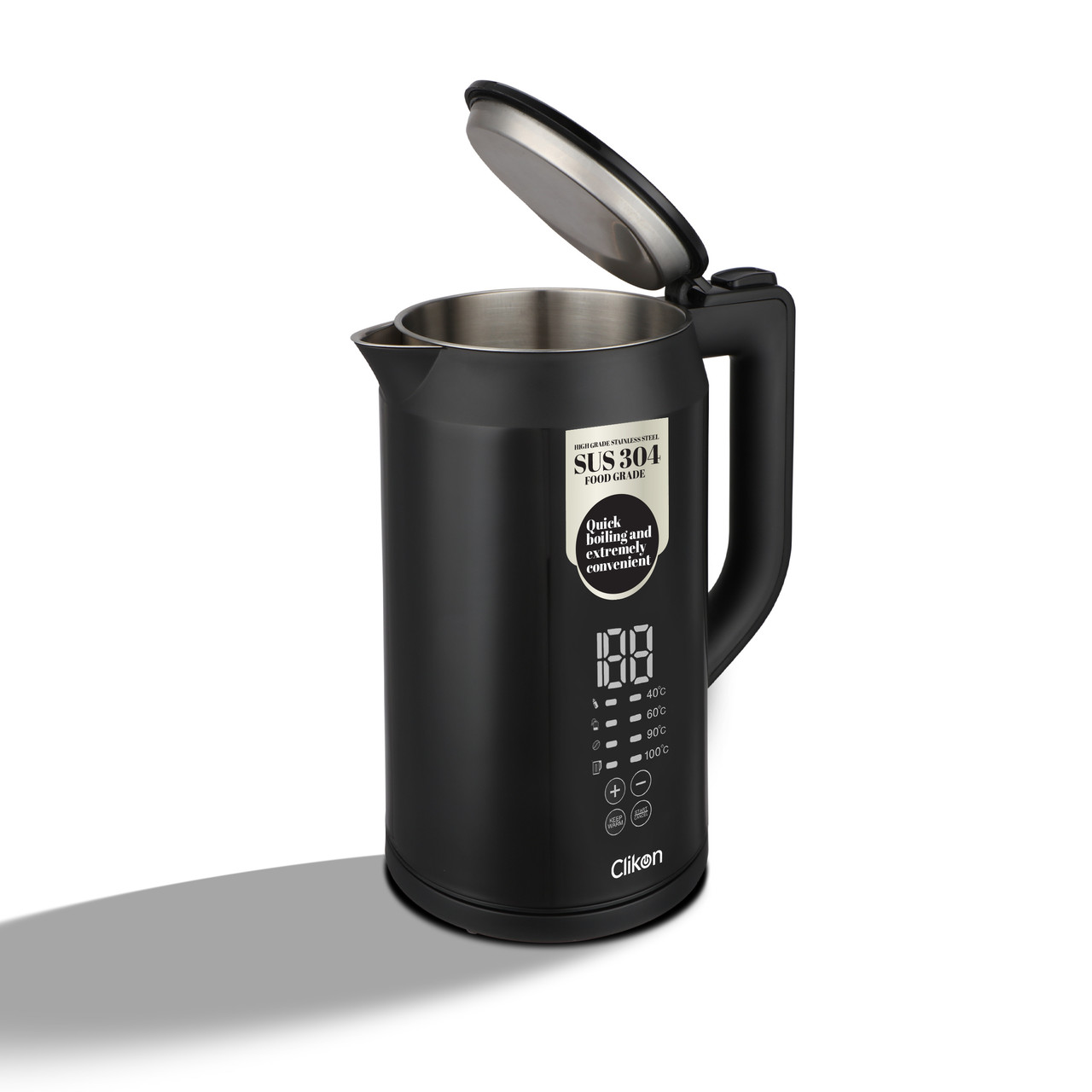 Clikon 1.7L Premium Electric Kettle with Digital Temperature Display, 1850-2200W Power, Fast Boil & Keep Warm Function 1.7 L 2200 W CK5148 Black