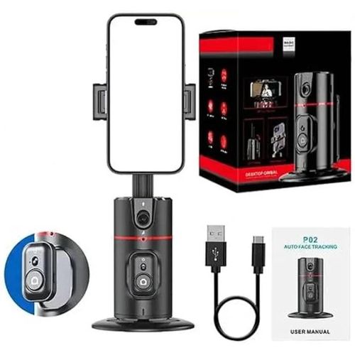 P02 AI Intelligent Tracker 360° Rotating Auto Face Tracking Phone Mount Stand with Fill Light Smart Rotation Desktop Selfie Gimbal Stabilizer for Smartphone Tripod for TikTok Live Streaming & Vlog, Sm