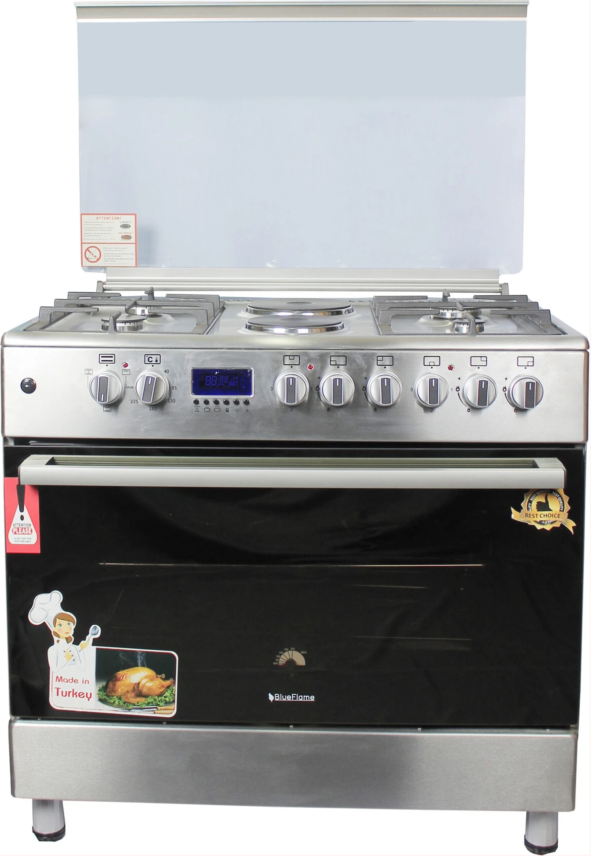 BlueFlame 90x60cm Cooker E9042ERF; 4 Gas Burners + 2 Electric Hotplates, Auto Ignition, Thermostat, Electric Oven & Grill, Oven Fan, Oven Lamp, Rotisserie, Digital Timer, Cast Iron Pan Supports, Glass