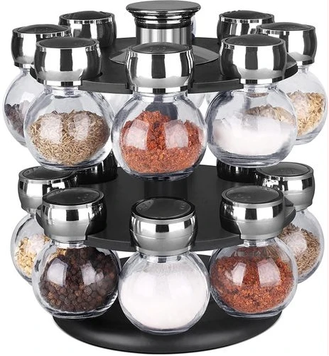 16pc Revolving Jar Kitchen Herbs & Spice Rack Countetop Storage Organizer-Clear