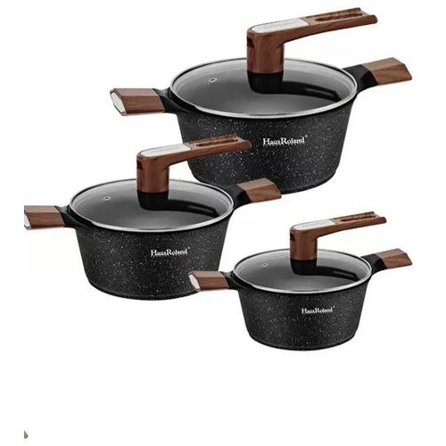 6pcs Of Die Casting Granite Non-stick Saucepans Aluminum Cooking Pots Pans Dishes Cookware Set With Wooden Handles- Multicolor