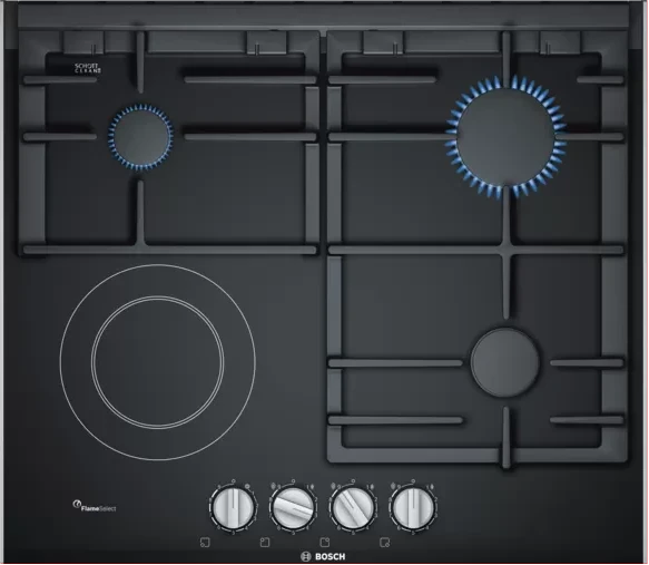Bosch Serirs 8 Combination Hob PRY6A6B70 3 Gas +1 Electric Built In Hob, 60cm, Front Knobs - Black