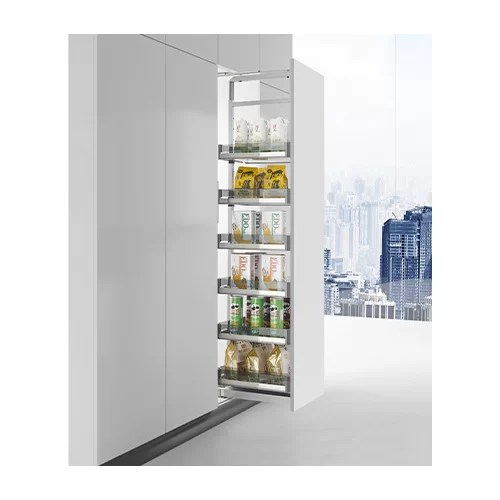 Newmatic 30cm Tall Pull Out Pantry BK7330, 6 Levels, Stainless Steel & Tempered Glass
