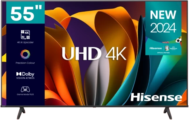 Hisense 55 - Inch 4K Ultra HD VIDAA Smart TV, Airplay 2, AI 4K Upscaler, Dolby Vision, With In-Built Free To Air Decoder, Bluetooth, HDMI, Chromecast, USB, Netflix, Youtube - Black (3YRs WRTY)
