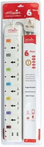 Office Point 6-Way Multi-Socket Power Strip With Surge Protection And USB Extension Cable - White