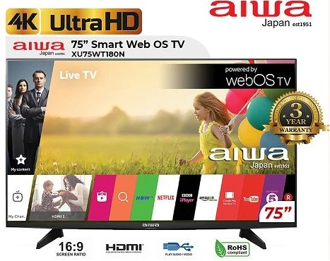 Aiwa 75-Inch UHD 4K Web OS Smart TV WS-758S, Frameless, Youtube, Netflix, Prime Video, USB, Bluetooth, HDMI, Inbuilt Free To Air Decoder - Black